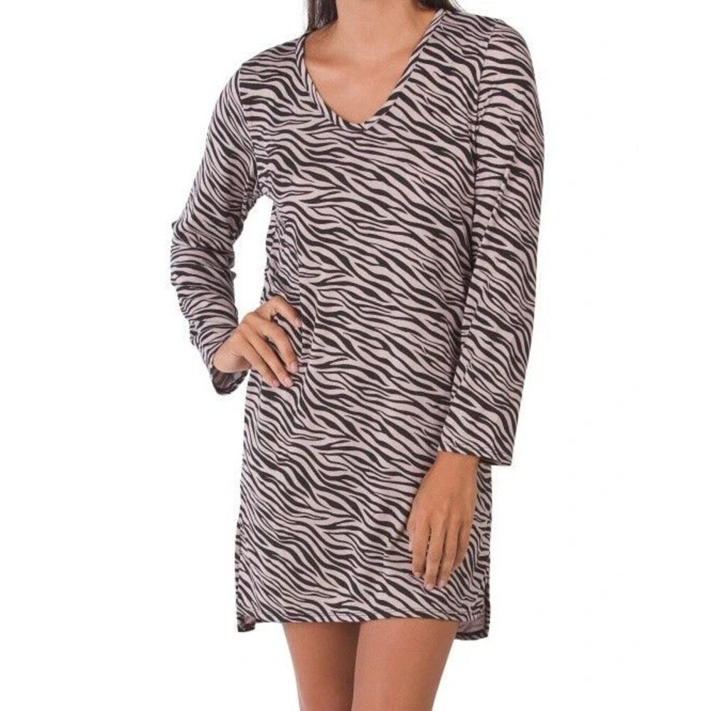 Vince Camuto Livi Zebra Night Shirt Side Slits Soft Stretch Pullover Long Slv L